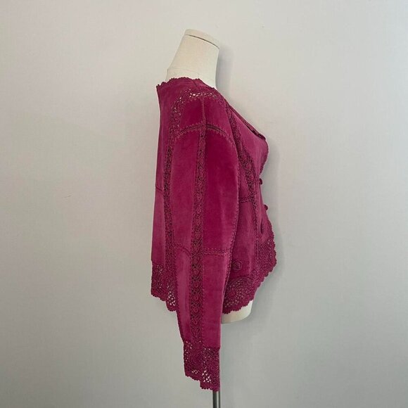 Vintage Magenta Suede Crochet LAce Jacket- Boho Y2K Romantic Style, Size Large - Picture 3 of 8